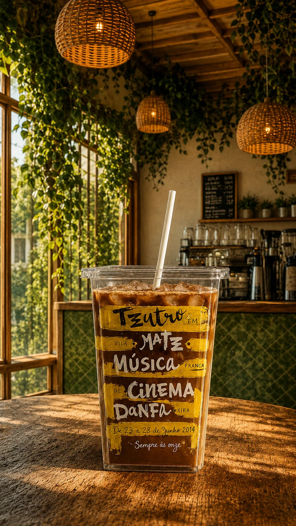 ARYE Coffee custom iced cup held on a blue banquette