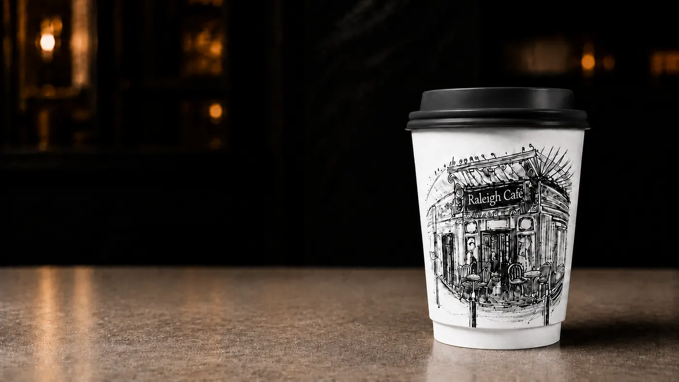 Jason's Coffee takeout cups with typographic labels on a dark backdrop
