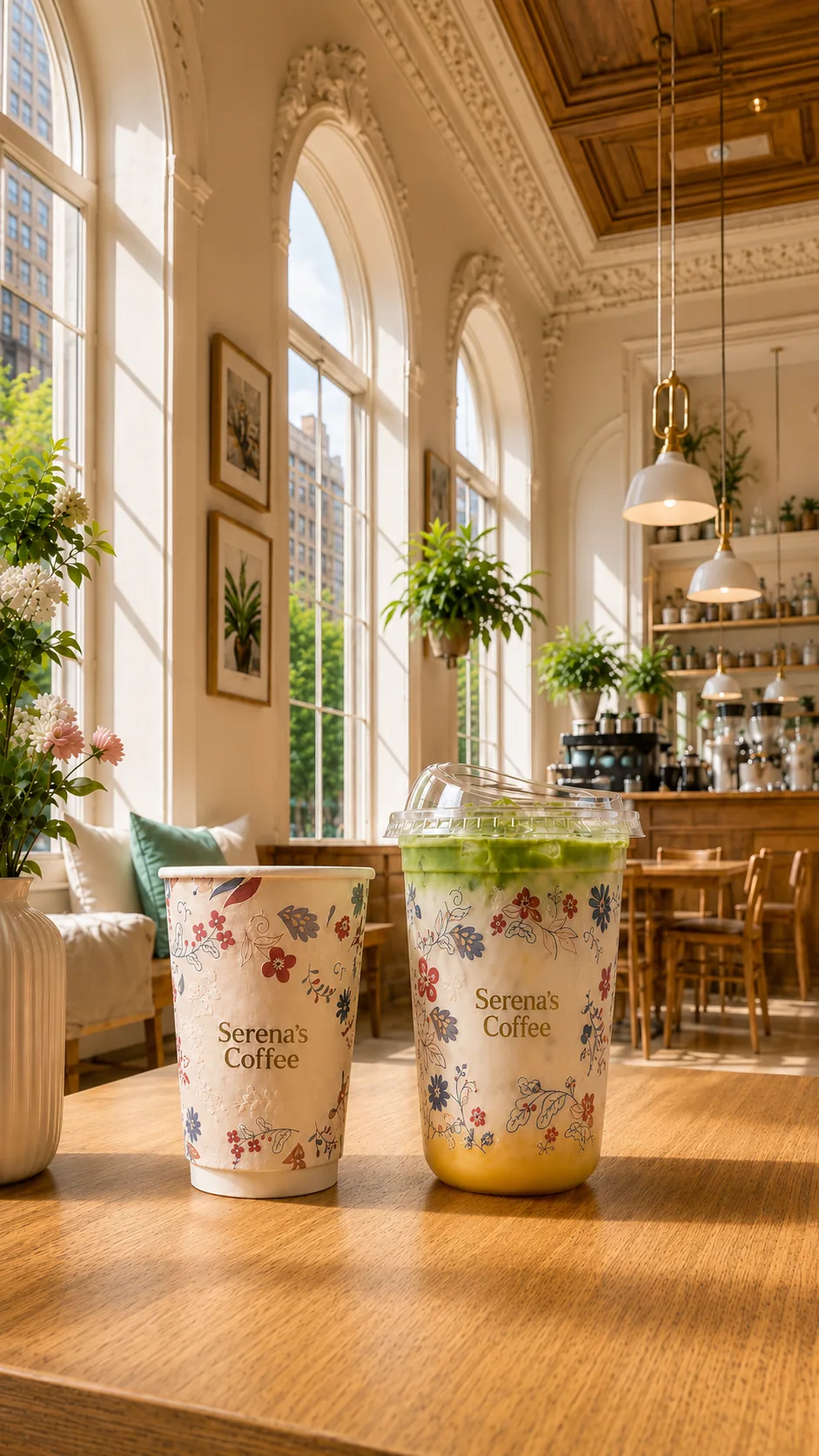 Serena's Coffee floral cups on a sunlit café table