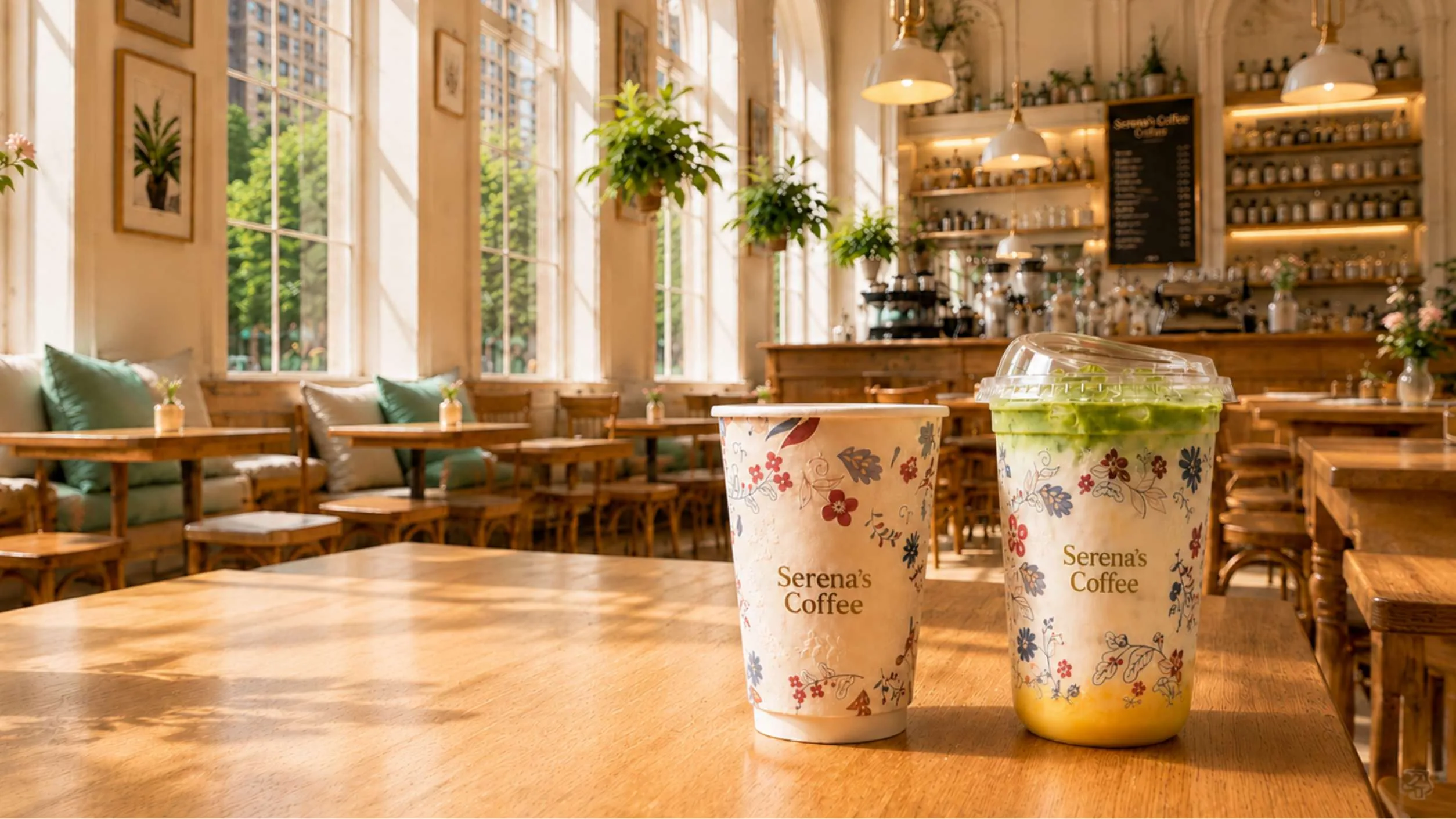 Serena's Coffee floral cups on a sunlit café table