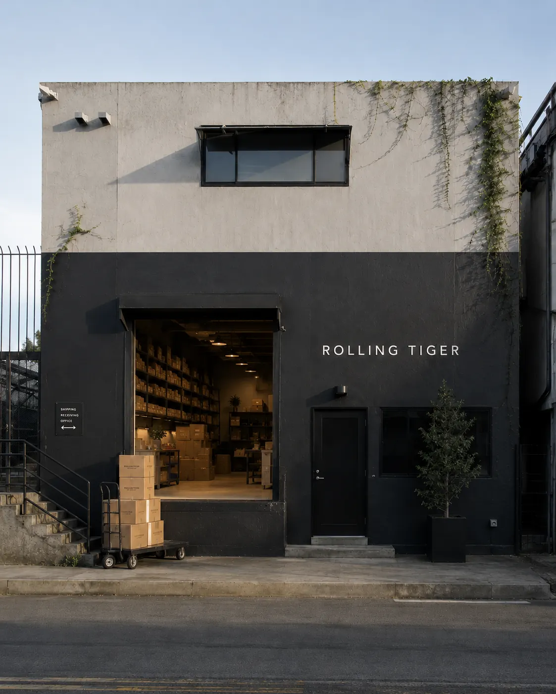 The Rolling Tiger studio storefront, a two-tone warehouse with an open loading bay of stocked shelves and branded boxes ready to ship